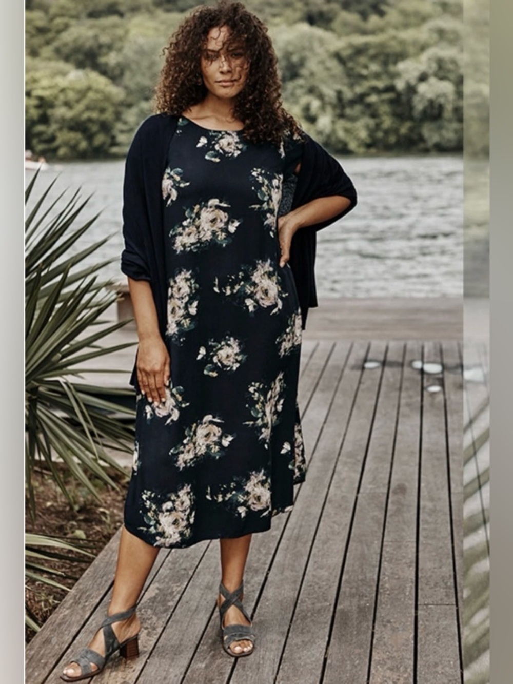 J. Jill Navy Floral Midi Dress with Cream Bouquet Print